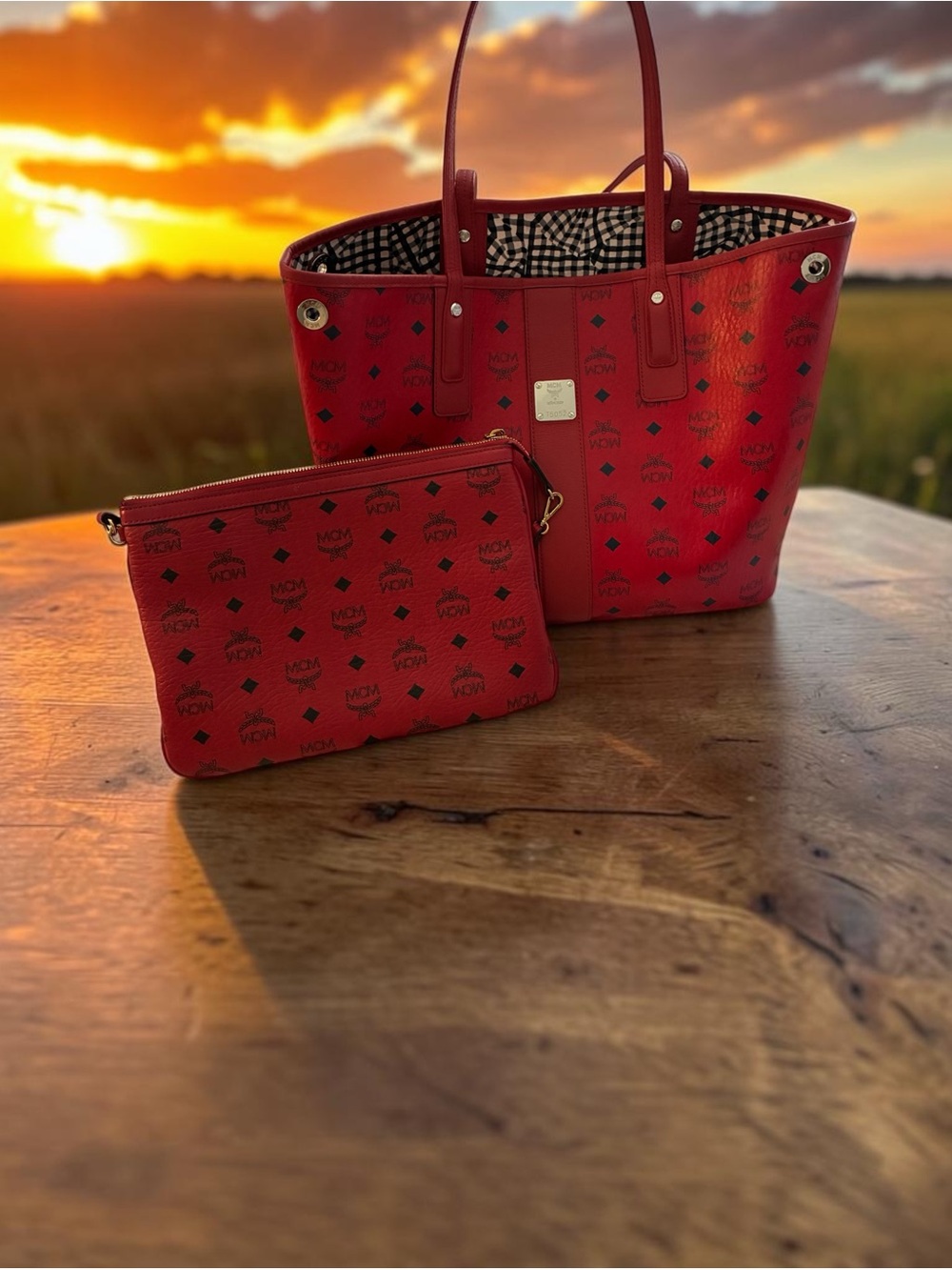 MCM Red Logo-Print Tote with Matching Pouch - Picture 6 of 7